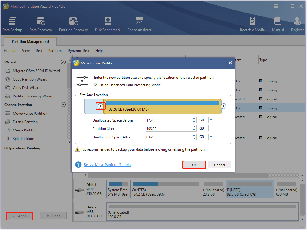 add space for the target partition