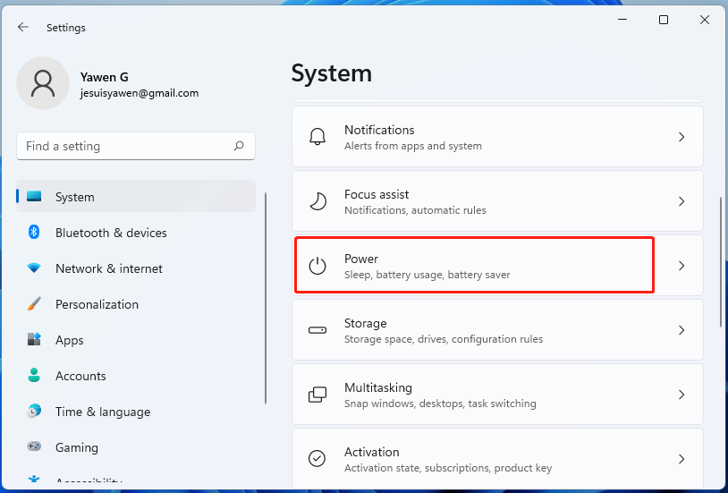 select Power in Settings