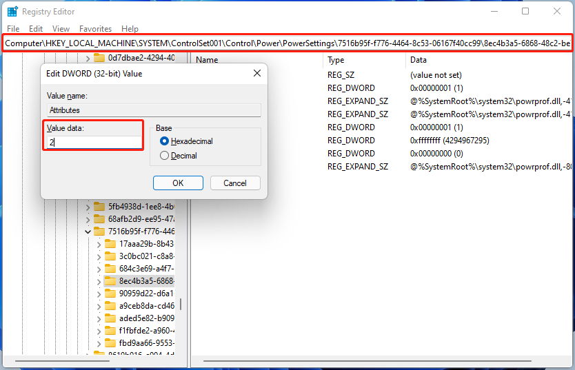 change power settings in Registry Editor