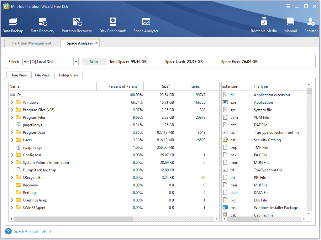 files displayed on the Space Analyzer window
