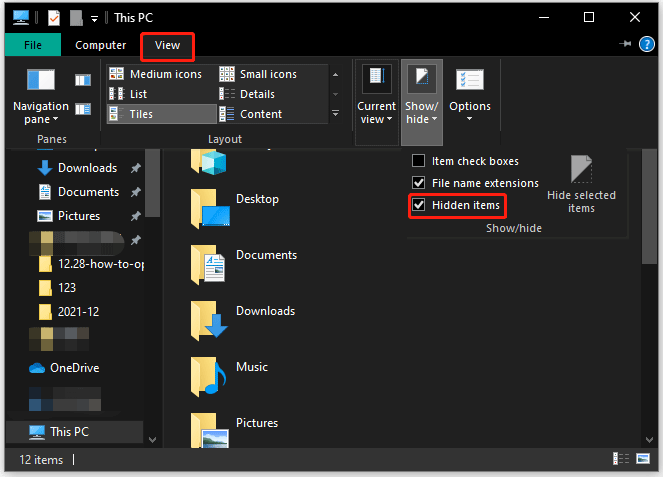 tick the checkbox for Hidden items