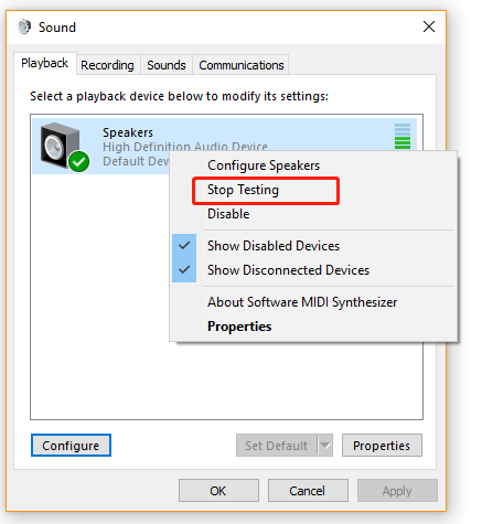 select Stop Testing in Sound panel