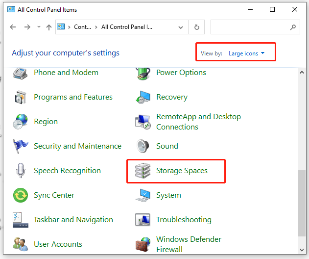 select Storage Spaces in Control Panel