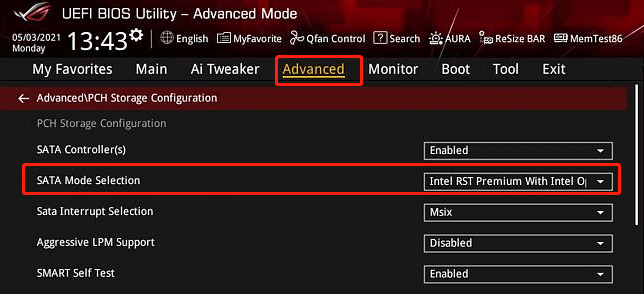 select SATA Mode Selection in BIOS