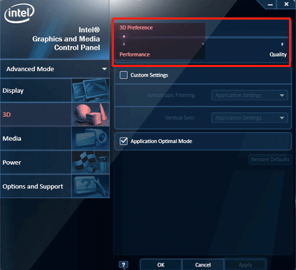 set 3D preference to Performance Intel