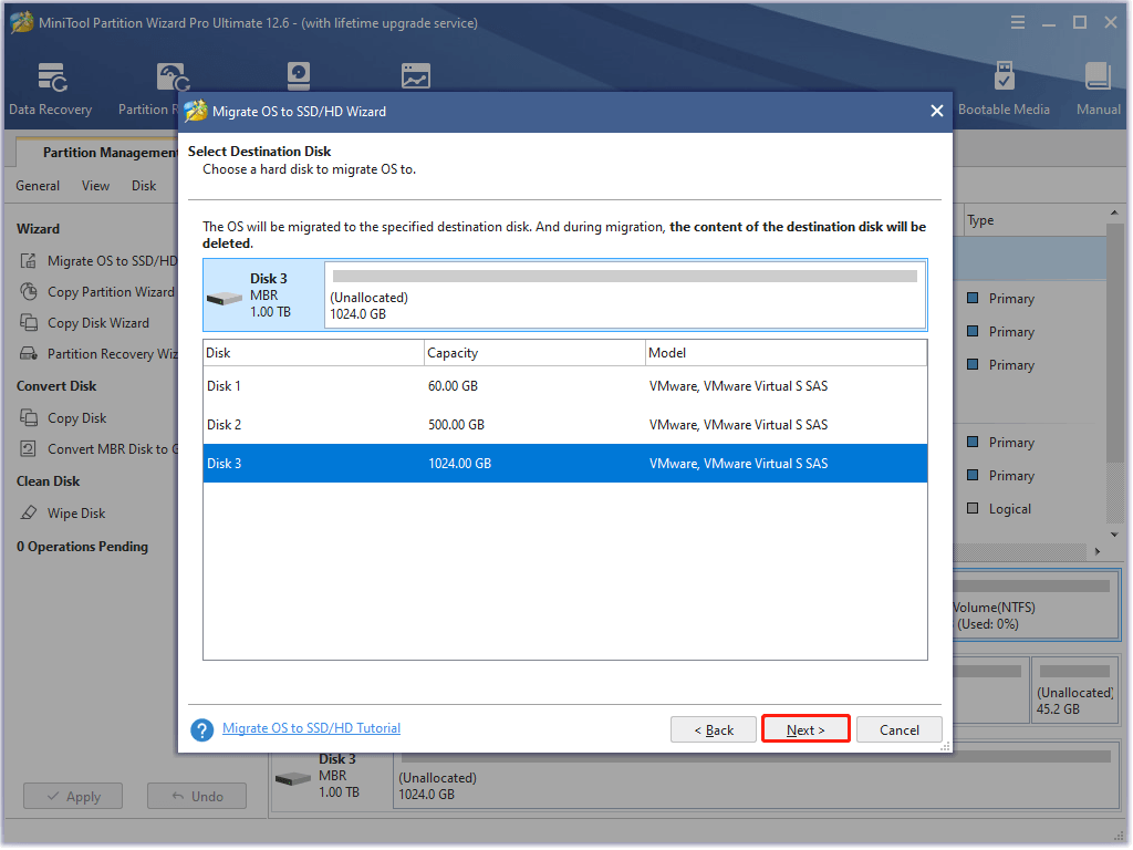 select destination disk