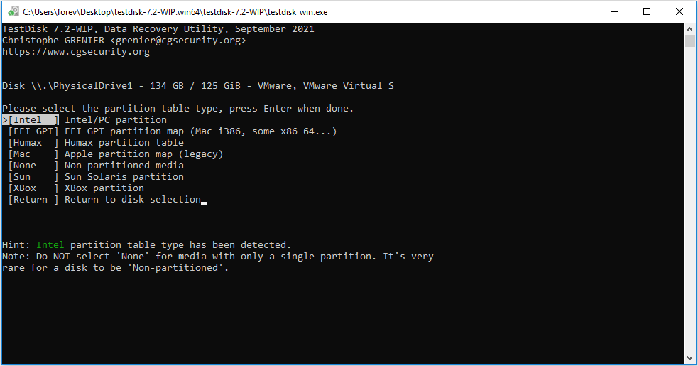choose partition table type