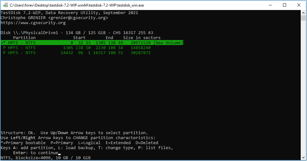TestDisk partition recovery result