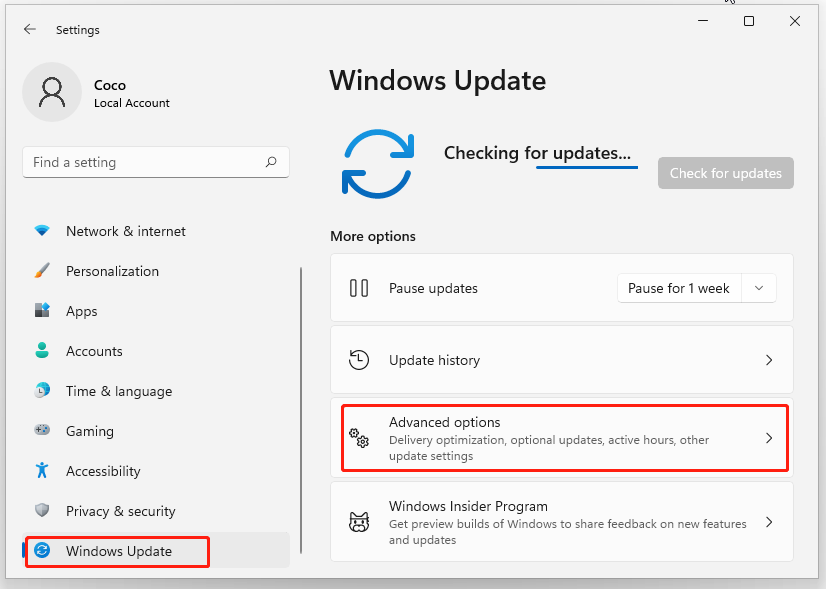 select Windows Update and Advanced options in Windows 11