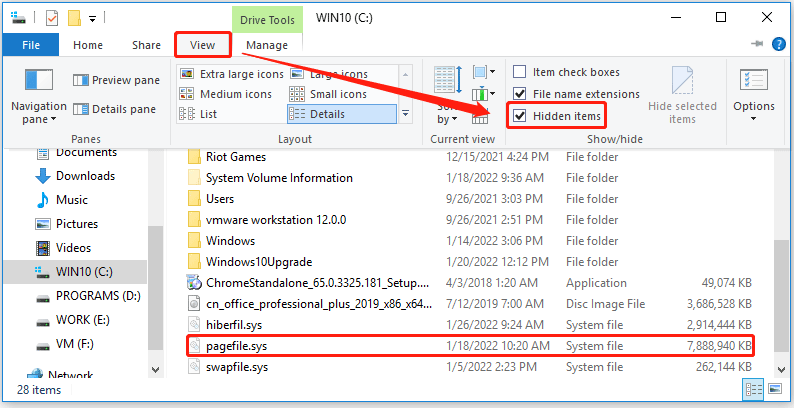 pagefile.sys on the system drive