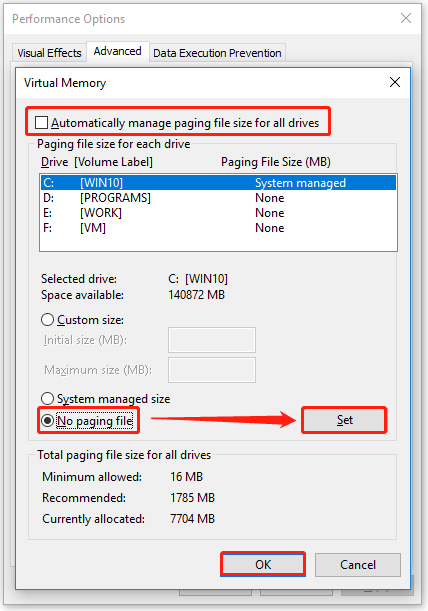 choose No paging file