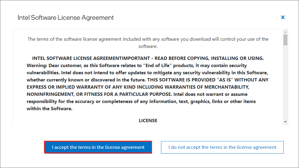 click I accept the terms in the license agreement