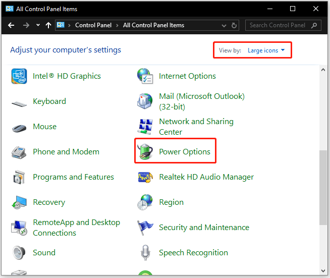 find and click Power Options