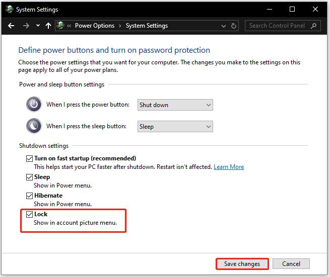 tick the checkbox for Lock