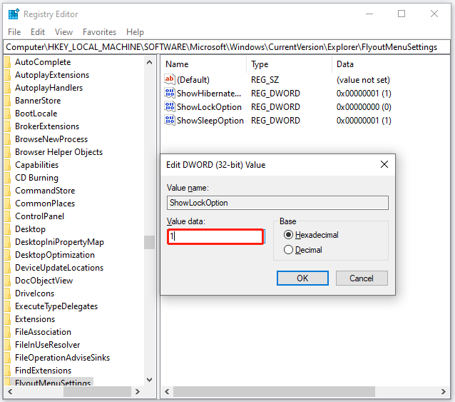 set the value data to 1