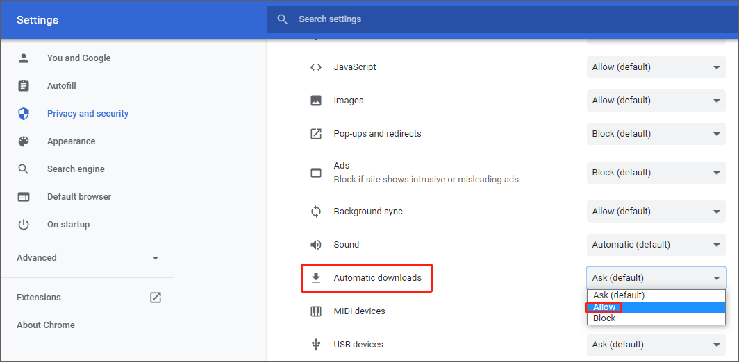 choose the Allow option