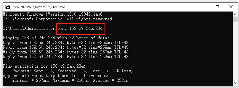 run Ping plus server IP address in Command Prompt
