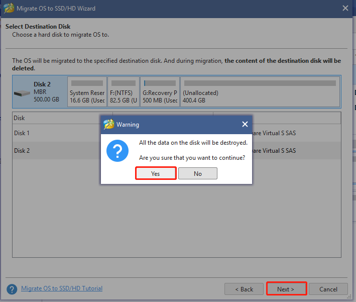 select a target disk and confirm it