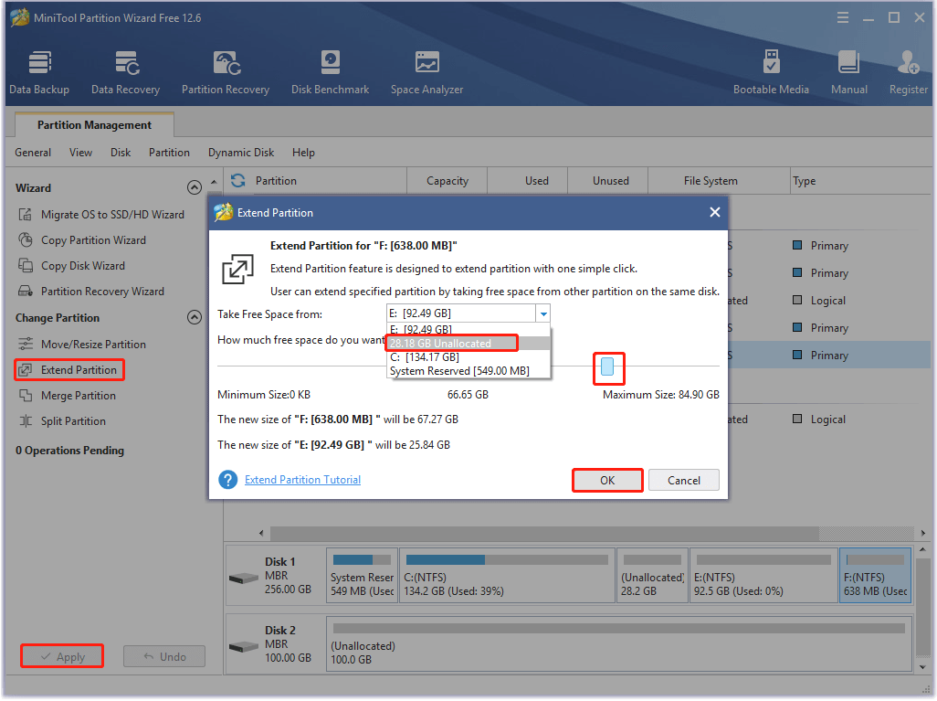 extend partition with MiniTool Partition Wizard