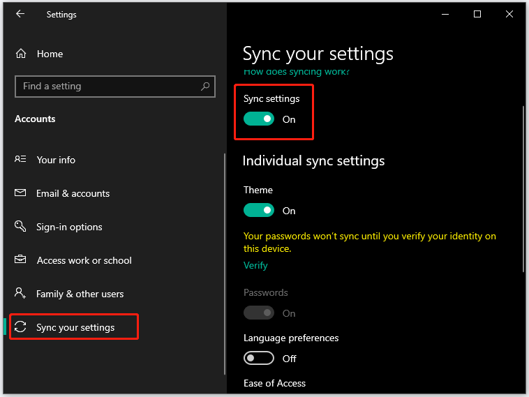 turn on the Sync settings option