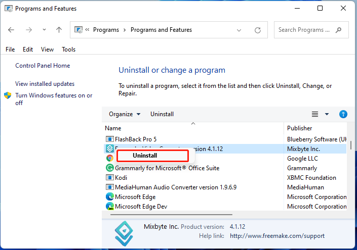 uninstall a program in Windows 11