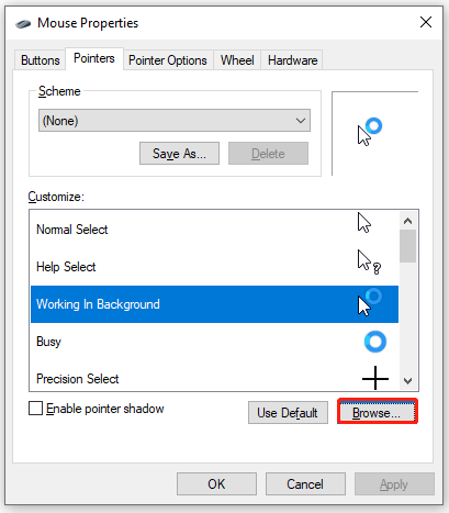 select Working in Background for mouse