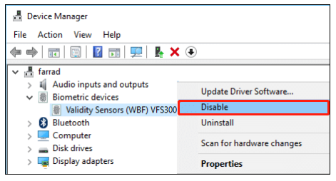 Disable Validity Sensor