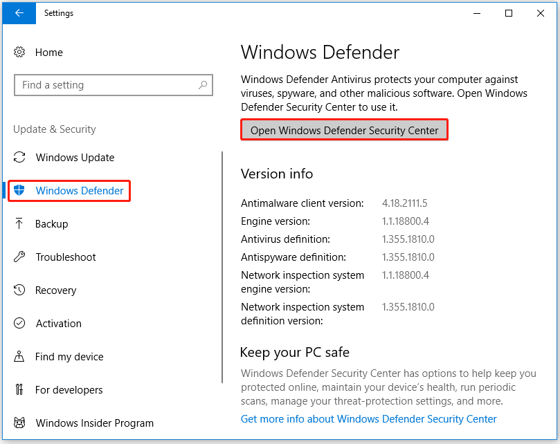 click the Open Windows Security Center Service option