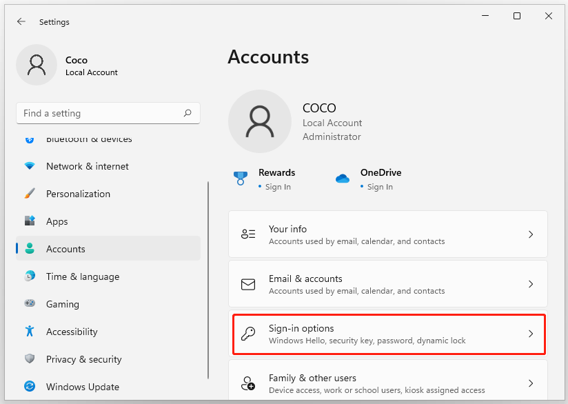 select Sign in options Windows 11