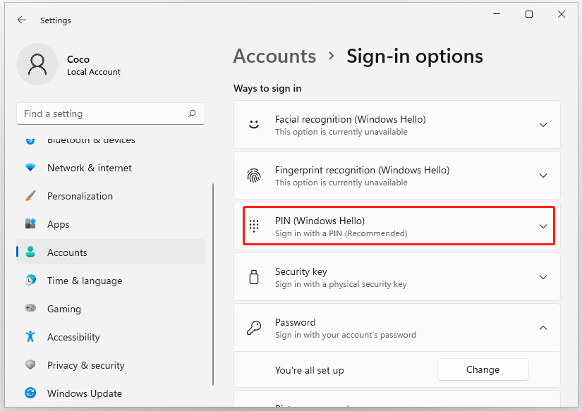 click PIN Windows Hello
