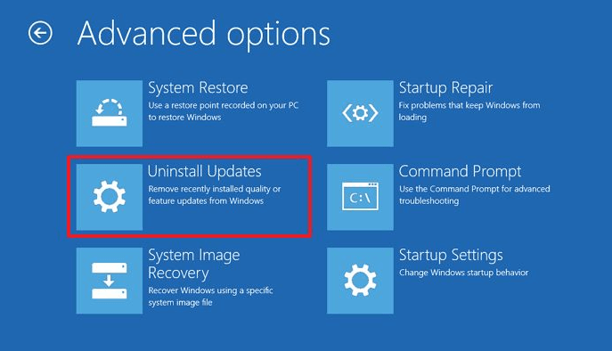 select Uninstall Updates in Advanced options
