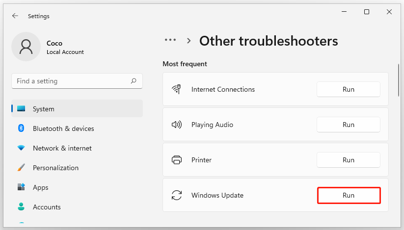 run Windows 11 Update troubleshooter