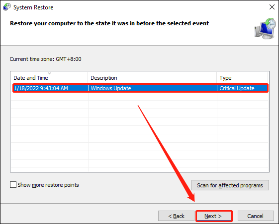 select a system restore