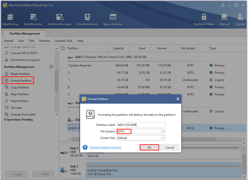 format USB drive through MiniTool Partition Wizard
