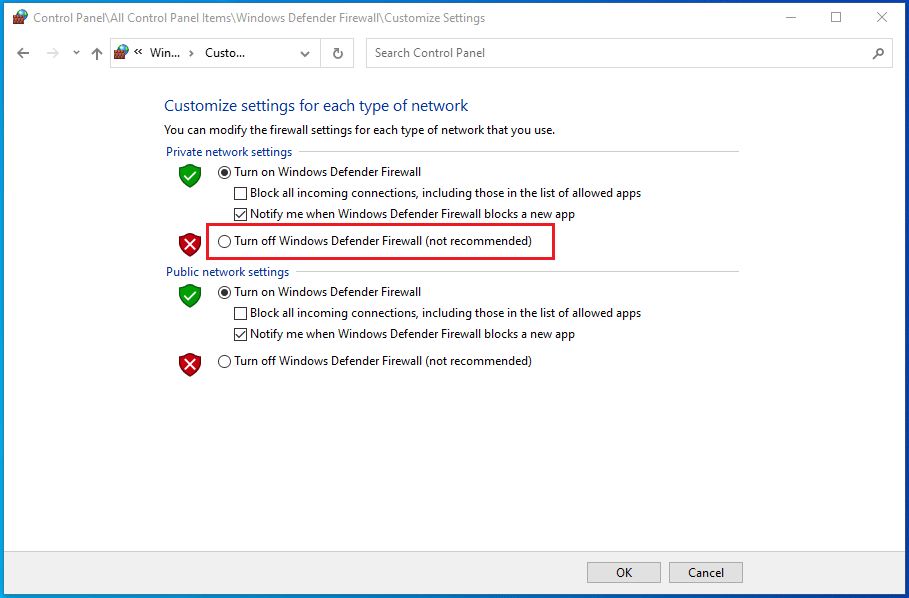 turn off the Windows Defender Firewall