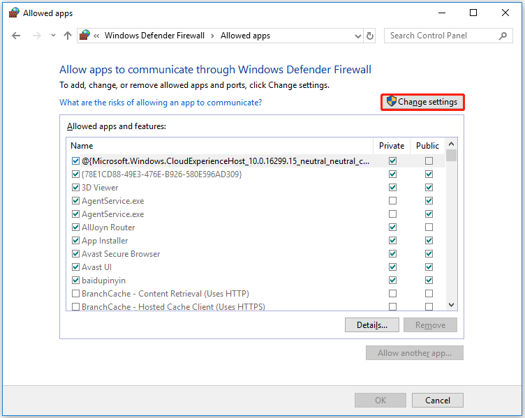 click Change settings