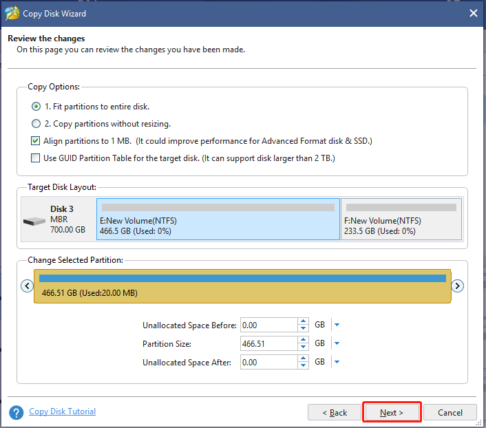 select a copy method in MiniTool