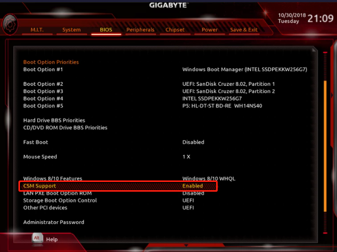 enable CSM Support in GIGABYTE motherboard