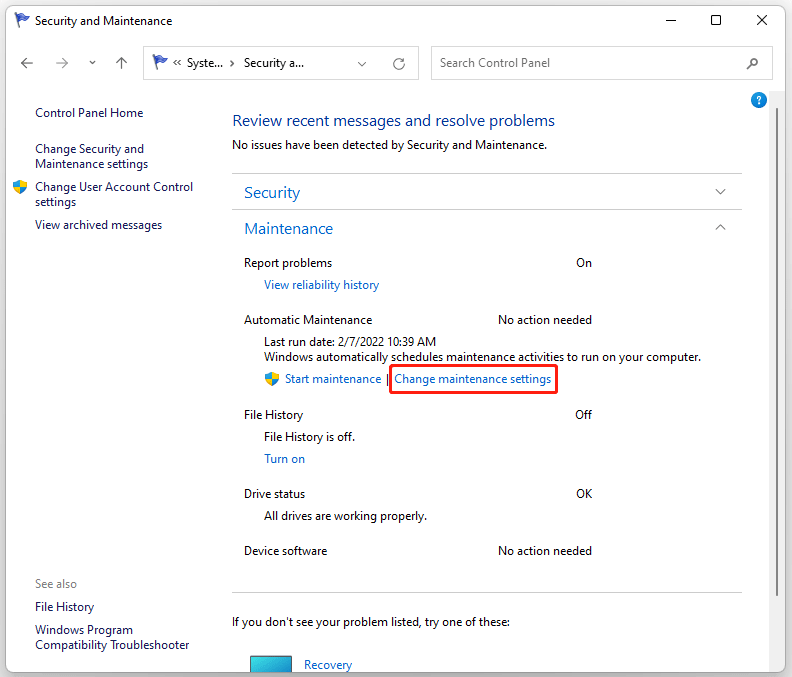 click Change maintenance settings