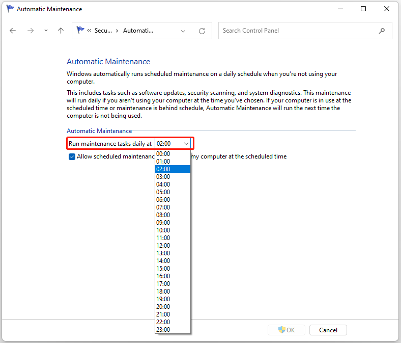 set the time of automatic maintenance