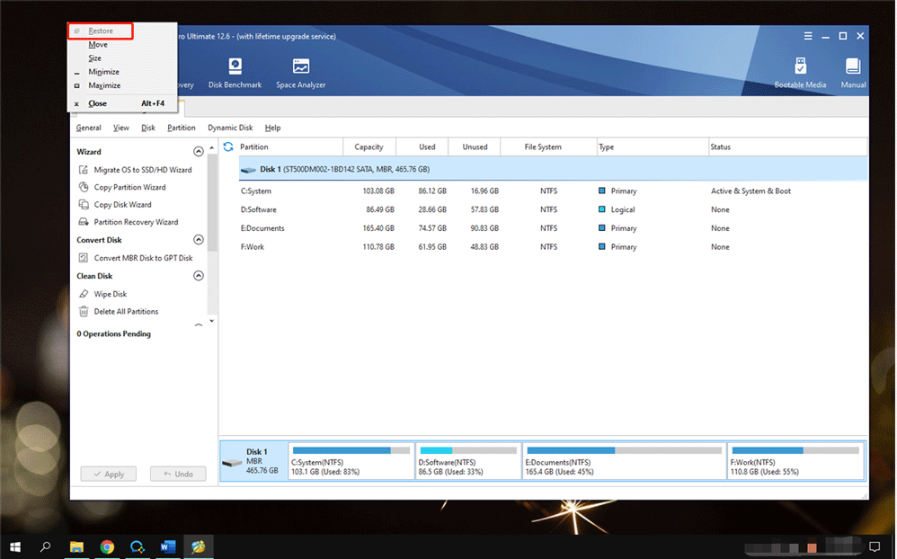 select the Restore option