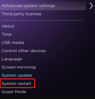 select System Restart on Roku