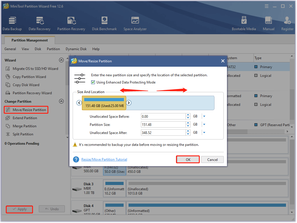resize or move a partition with MiniTool Partition Wizard