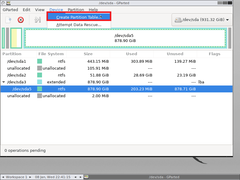 gparted create partition table for windows 10