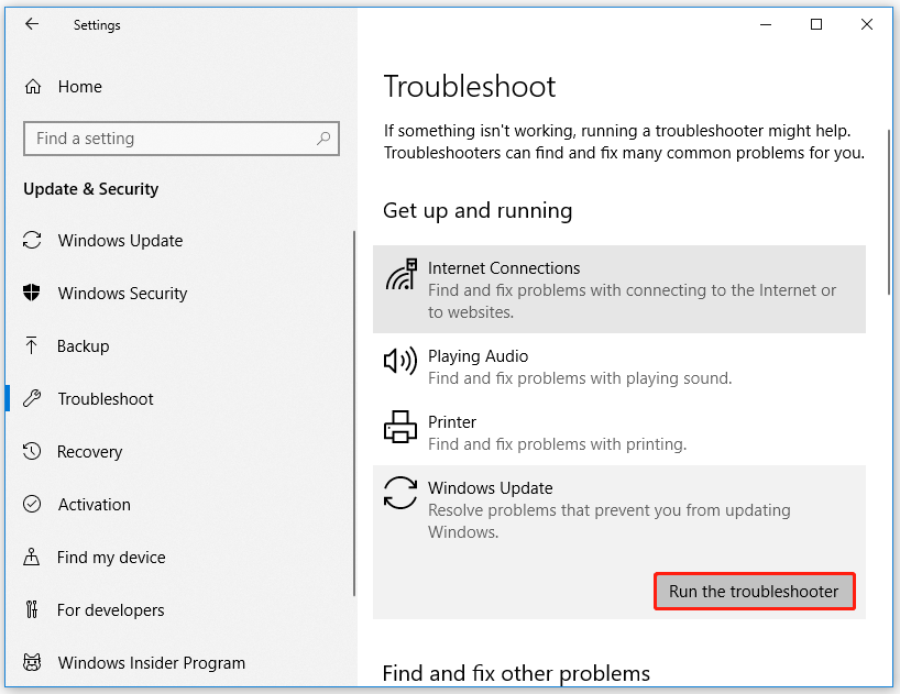 click the Run the troubleshooter option