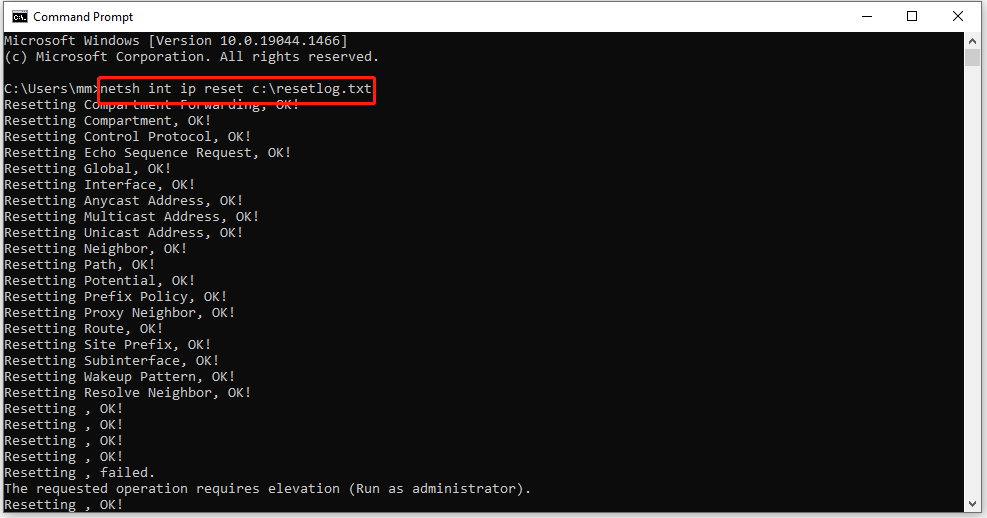 type netsh int ip reset c:resetlog.txt