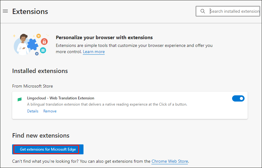 click the Get extensions for Microsoft Edge button