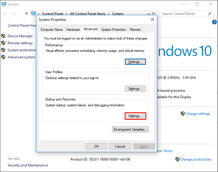 select the Settings under the Startup and Recovery section