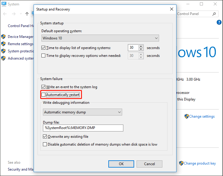 uncheck the Automatically restart