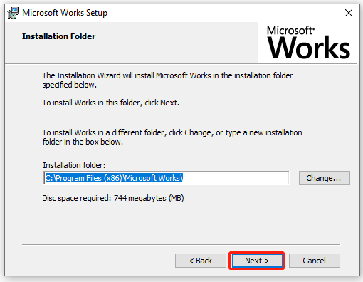 select a location to save the installation folder of MS Works